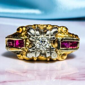 ANTIQUE 14K Gold- Natural Burmese Ruby & Diamond Ring - Sz 7.25 -Edwardian -2.2g